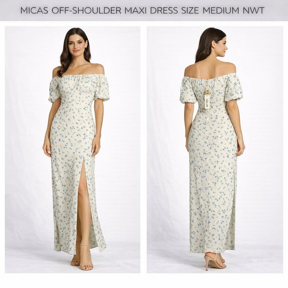 Micas Off-Shoulder Floral Maxi Dress Cream Blue M NWT